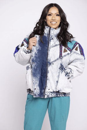 RAINBOW WEST DENIM ACID WASH PUFFER JACKET